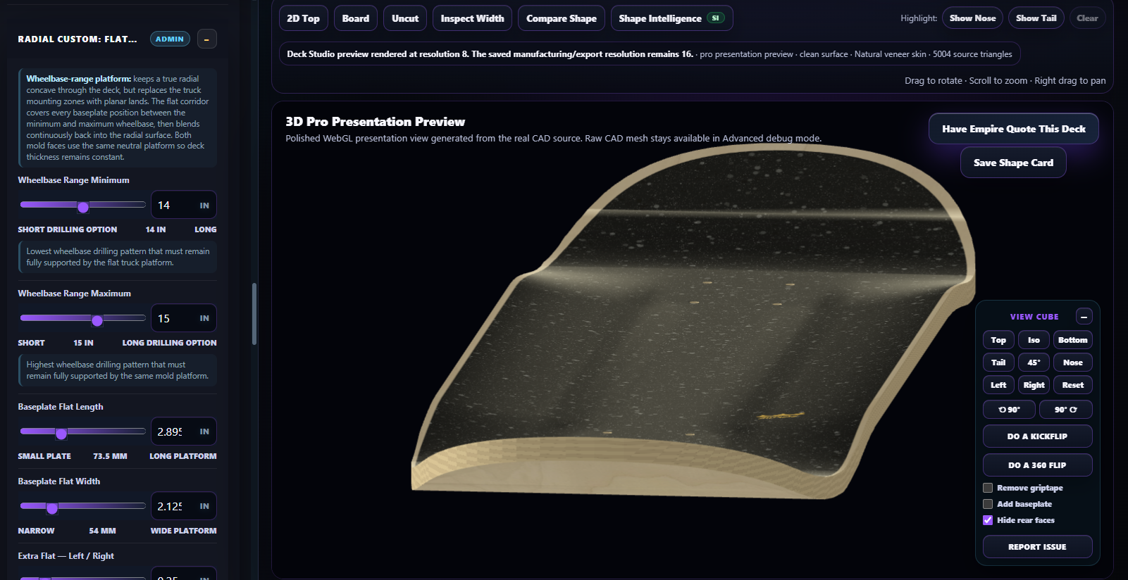 Empire Deck Studio controls and three-dimensional skateboard mold preview