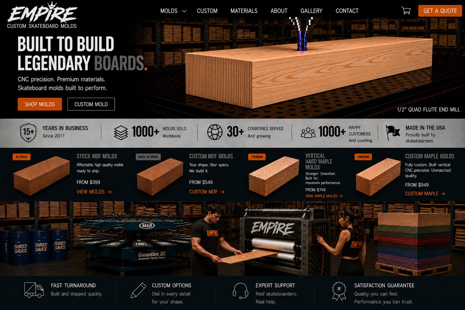 Empire Custom Skateboard Molds homepage: CNC machining, stock and custom mold options, production workshop, M&R automatic screen press, glue spreader, veneer racks and Shred Sauce drums.